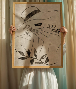 Abstract Woman in Hat with Minimalist Leaf Design