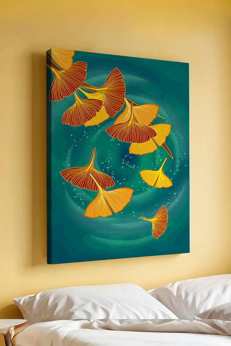 Stylized Ginkgo Leaves Floating on a Turquoise Background