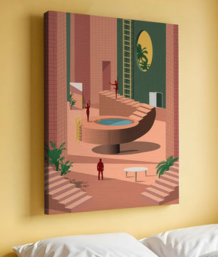 Modernes architektonisches Interieur mit geometrischem Design und Grün