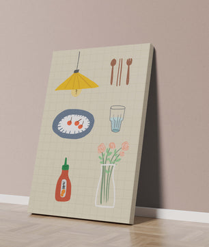 Artículos de cocina ilustrados que incluyen lámpara, utensilios y flores