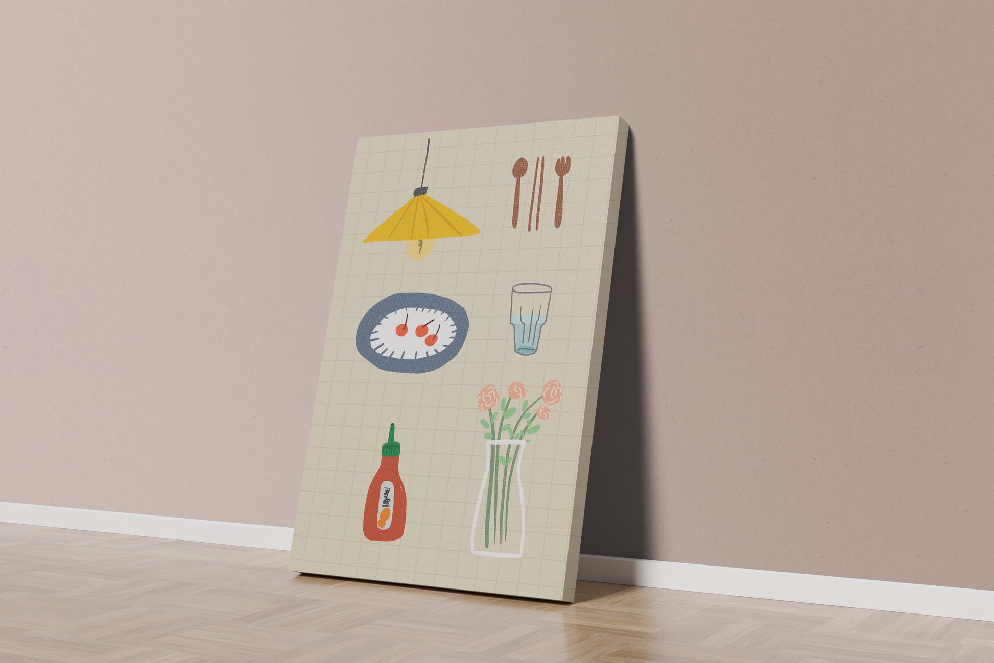 Artículos de cocina ilustrados que incluyen lámpara, utensilios y flores