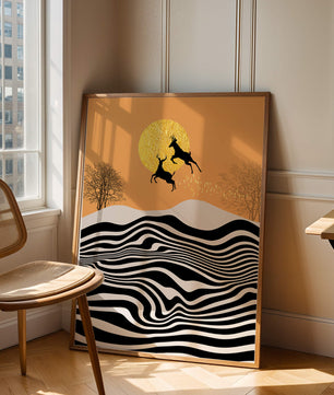 Abstract landscape with jumping deer and golden sun