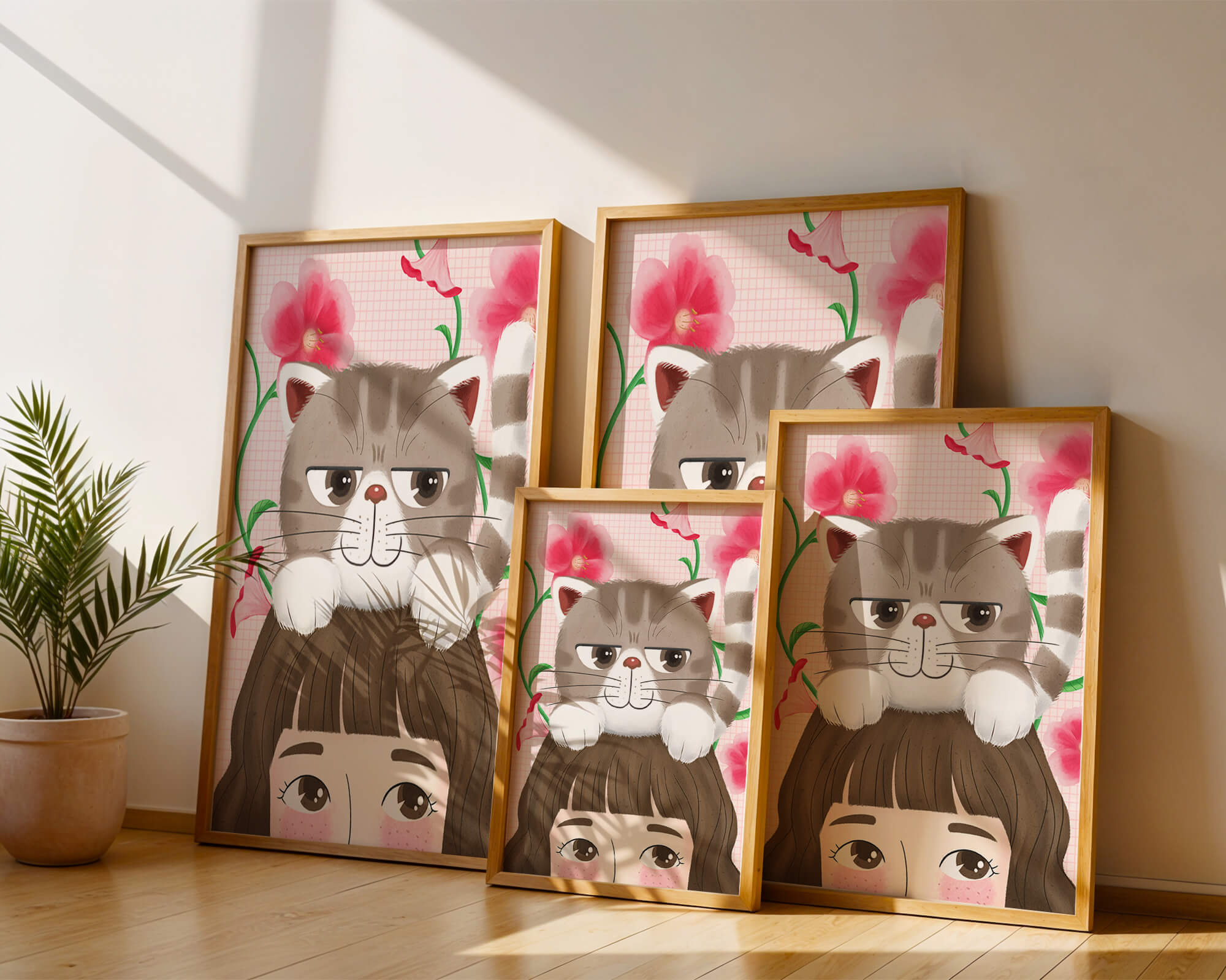 Illustration of a cat sitting on a person's head with pink flowers