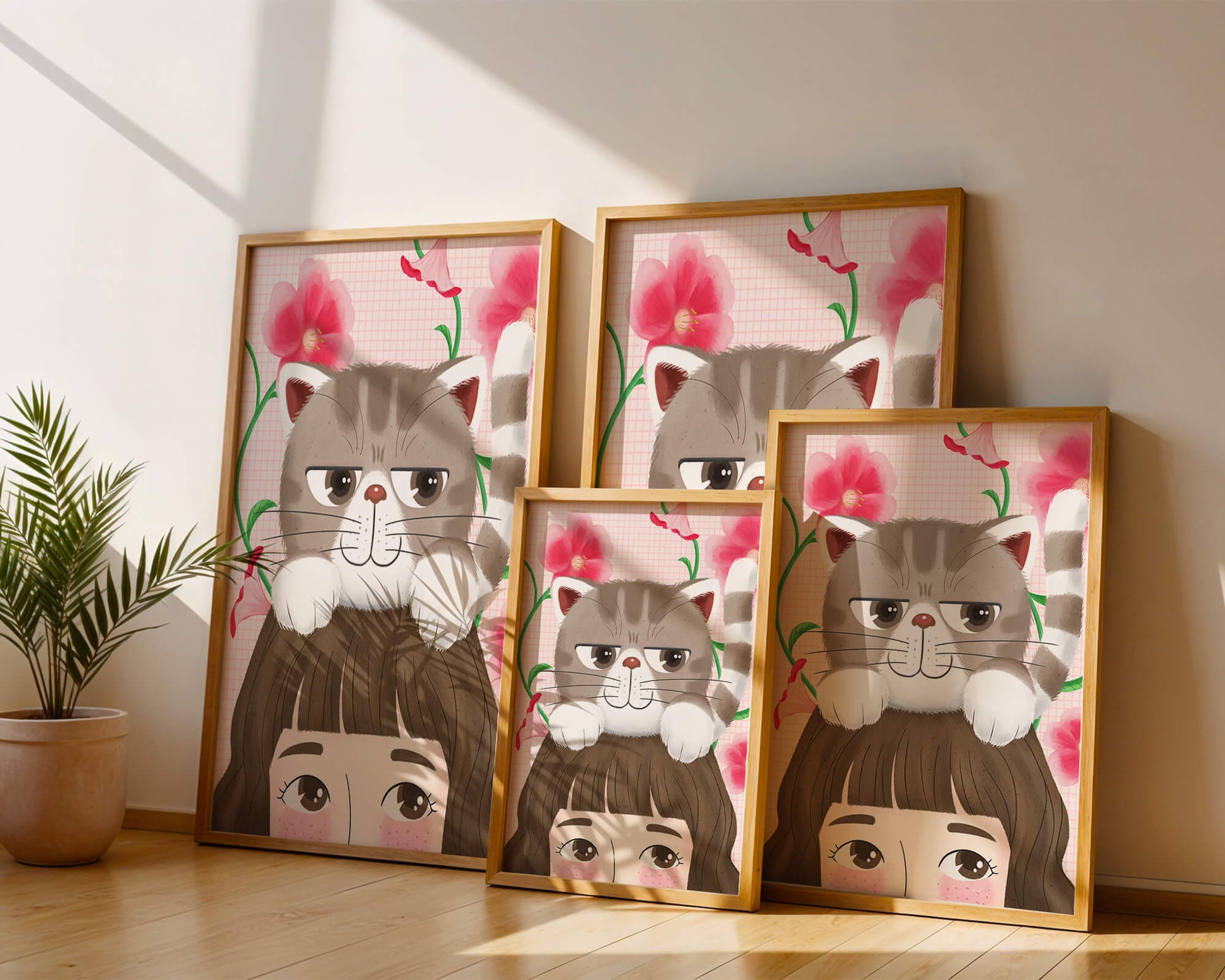 Illustration of a cat sitting on a person's head with pink flowers