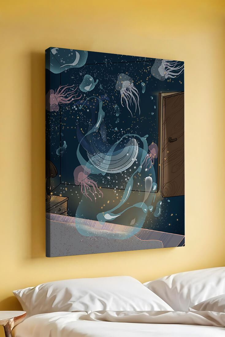 Underwater-themed room with jellyfish and a door