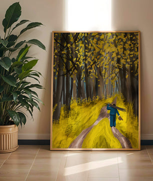 Man Walking Through a Sunny Forest with Golden Leaves