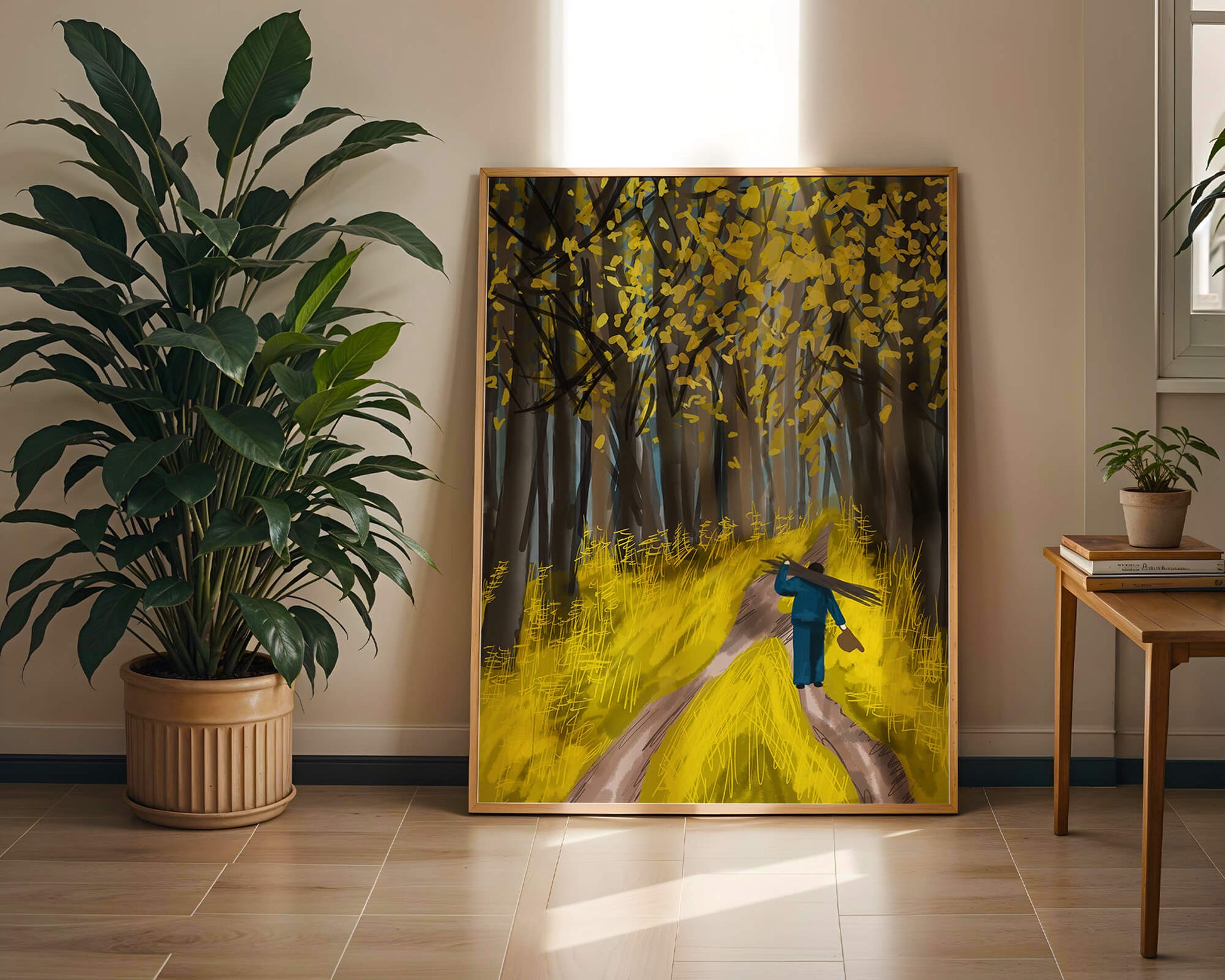Man Walking Through a Sunny Forest with Golden Leaves