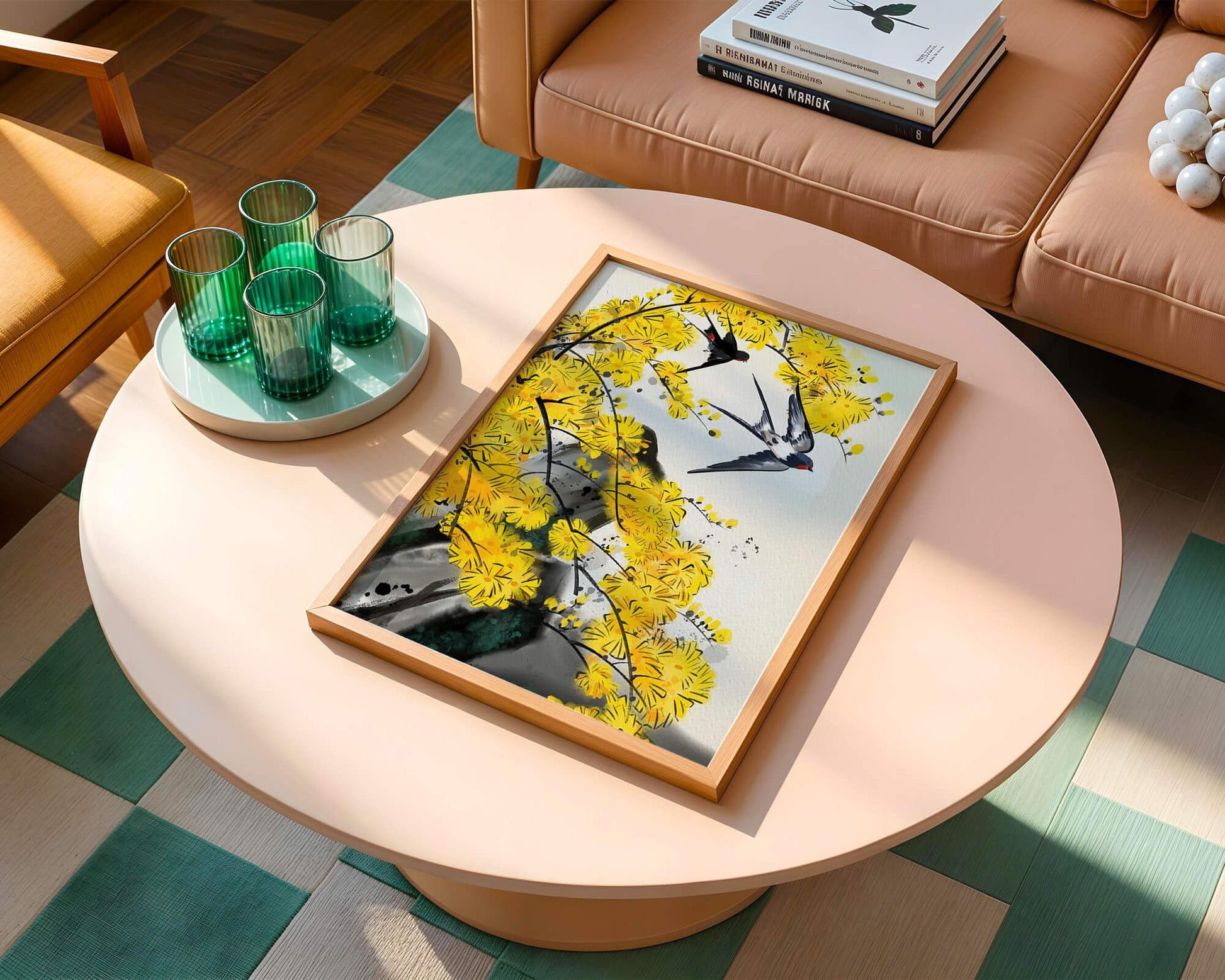 Artistic depiction of swallows amid vibrant yellow blossoms