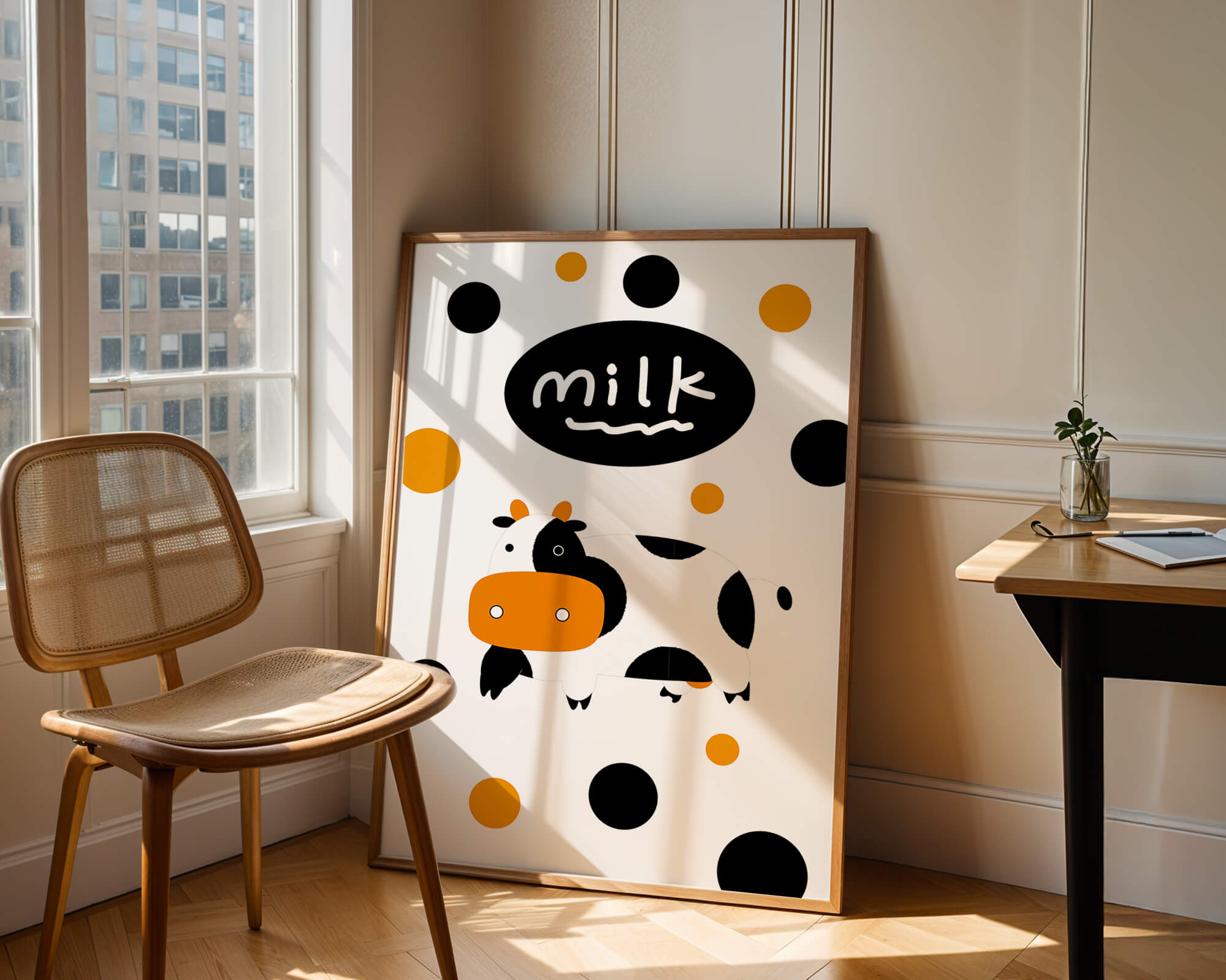 Illustrated cow with modern design and abstract elements