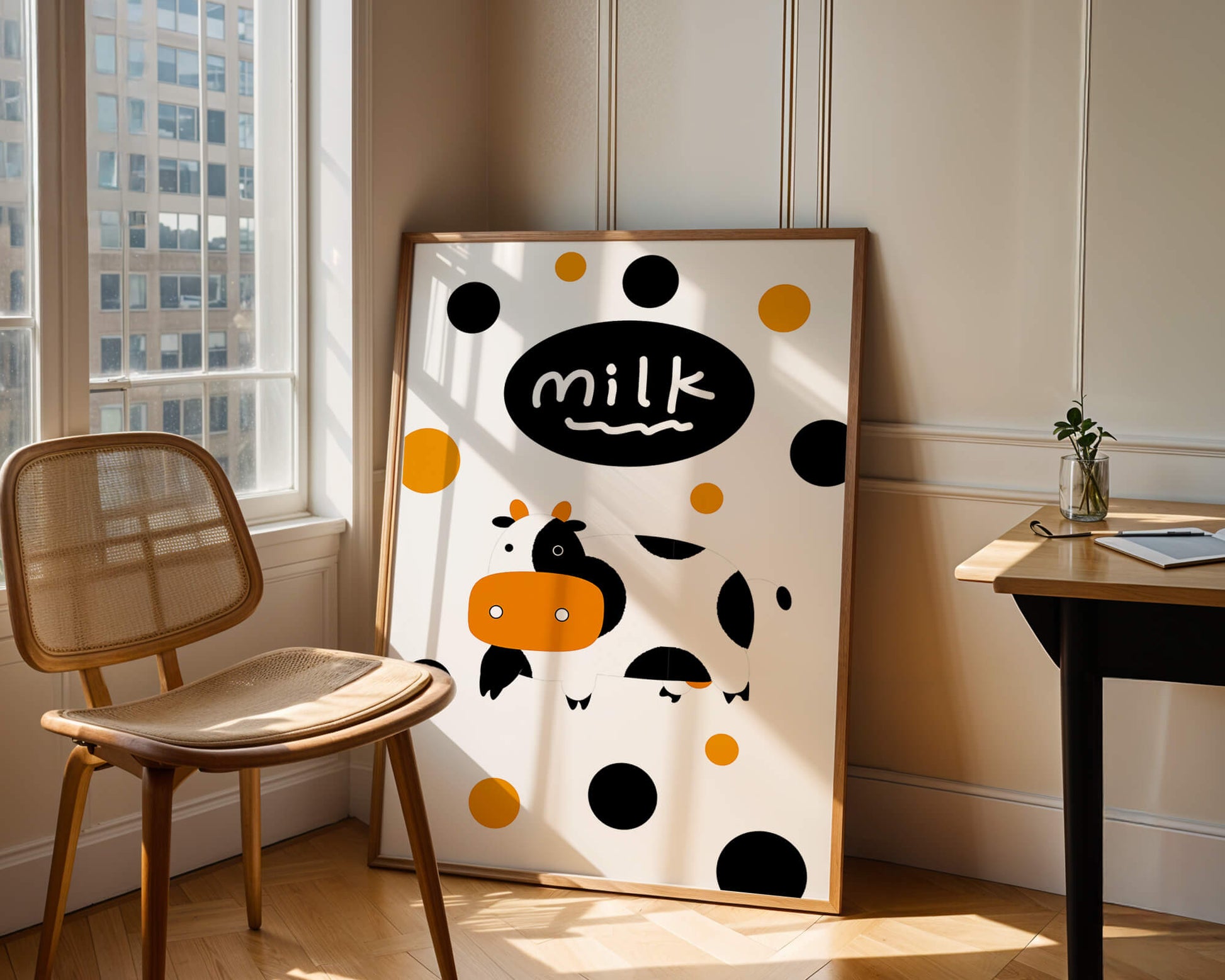 Illustrated cow with modern design and abstract elements