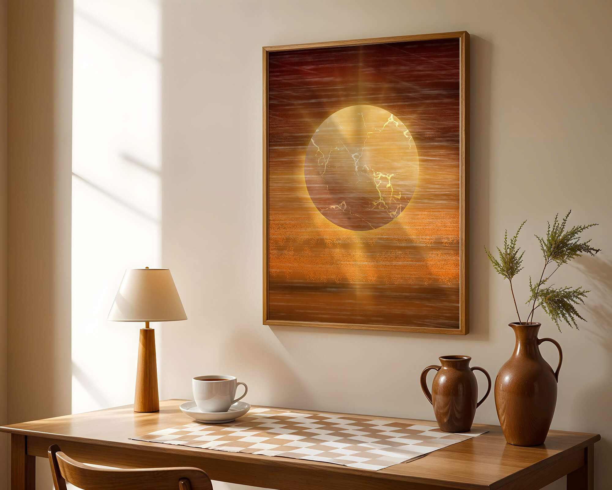 Abstrakte goldene Sonne mit strahlendem Licht auf einem strukturierten Hintergrund