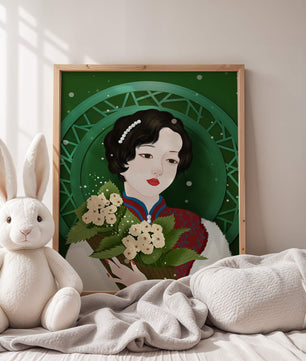Elegant portrait of a woman with a bouquet of roses on a green abstract background