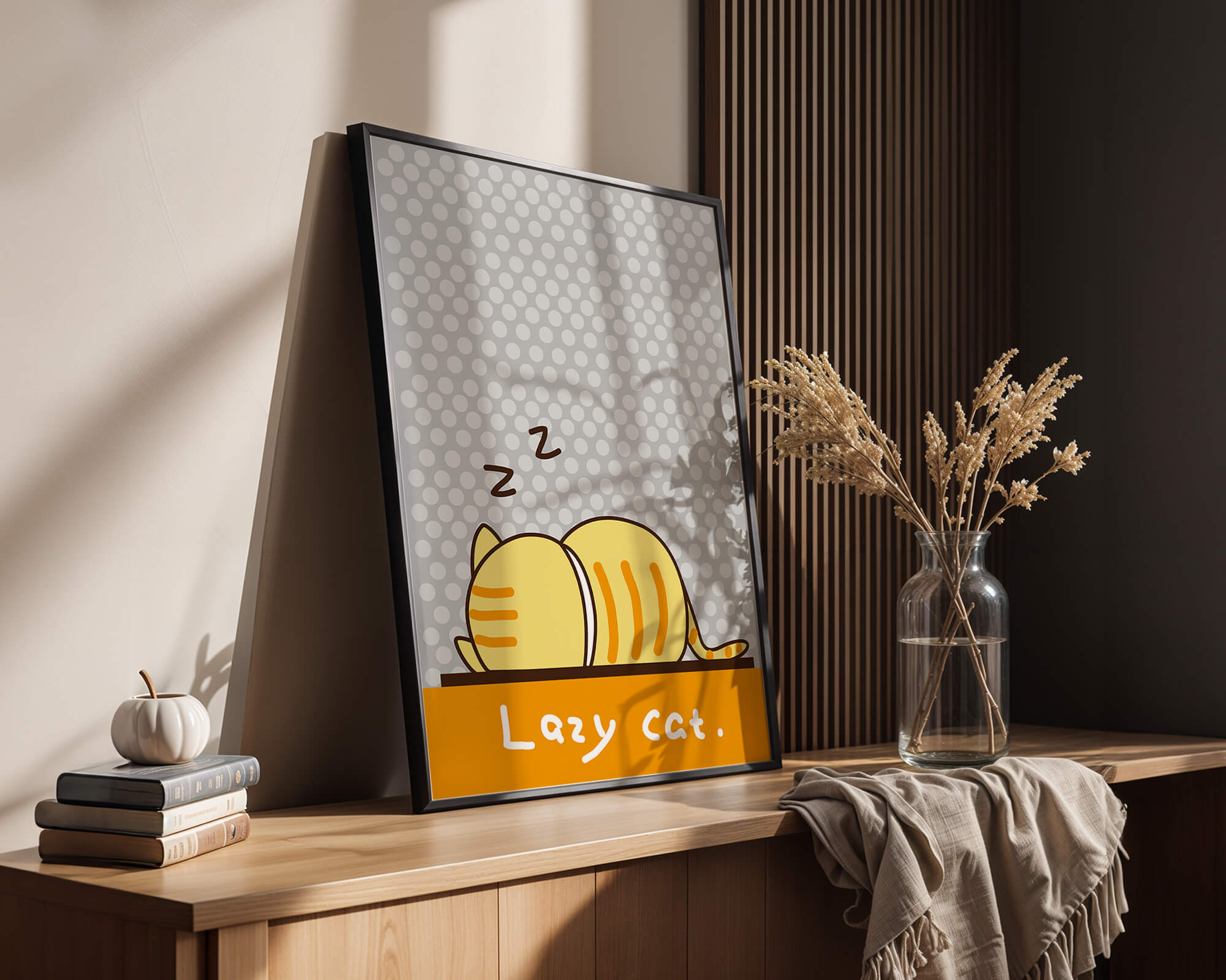 Sleeping cartoon cat with polka dot background