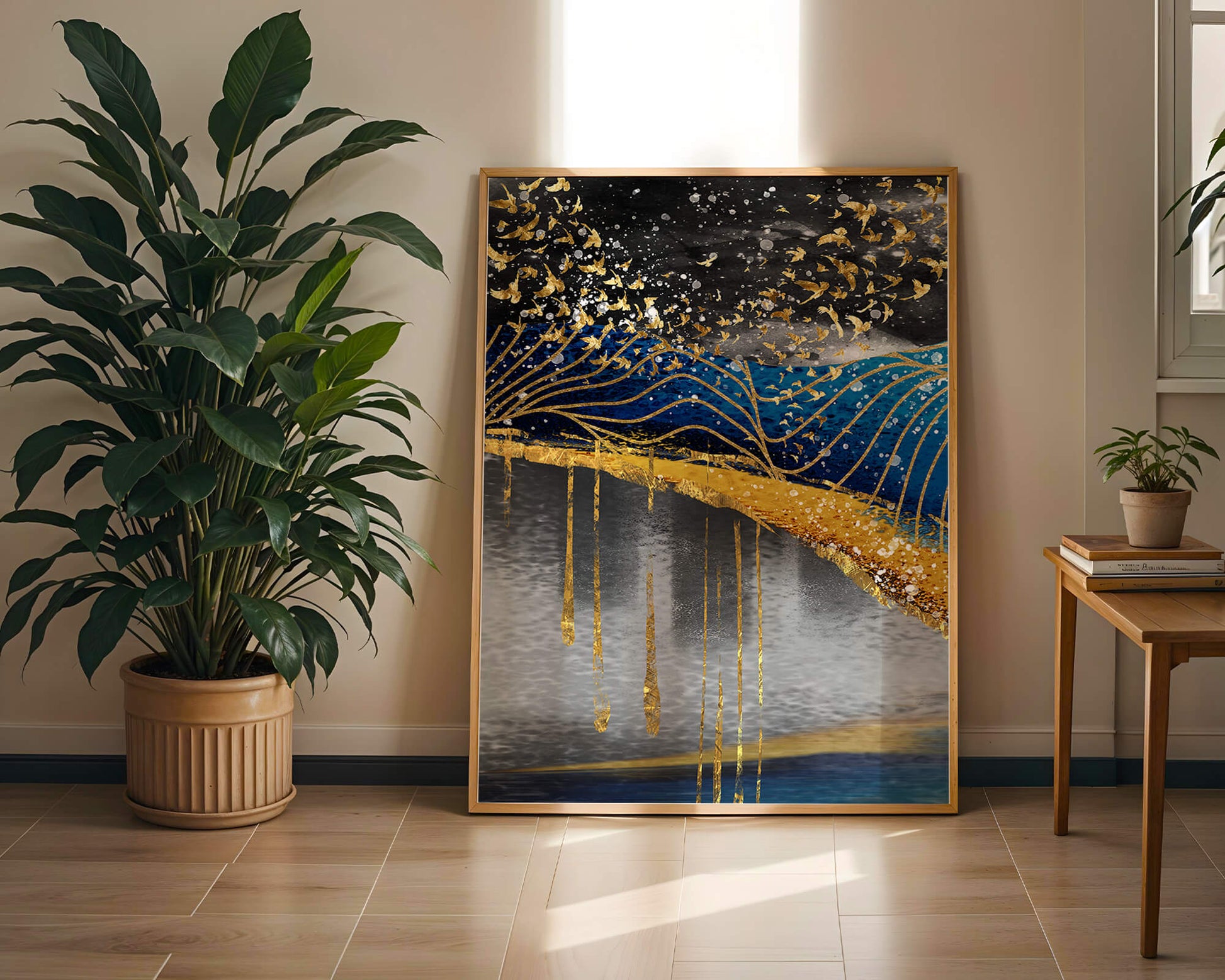 Abstract Night Sky With Golden Birds And Waves