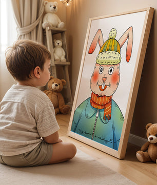 Whimsical cartoon bunny in winter attire with a striped scarf and beanie hat