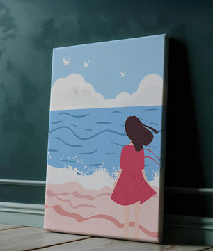 Serene seaside illustration with a girl in a pink dress gazing at the ocean