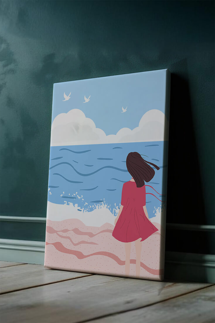 Serene seaside illustration with a girl in a pink dress gazing at the ocean