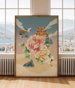 Elegant Asian Landscape With Pagoda, Cranes, and Peonies