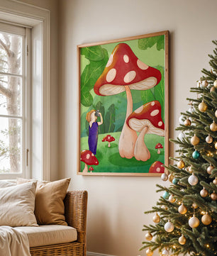 Playful illustration of a child with oversized mushrooms in a whimsical forest setting
