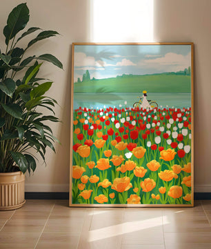Woman with bicycle in vibrant tulip field by a lake