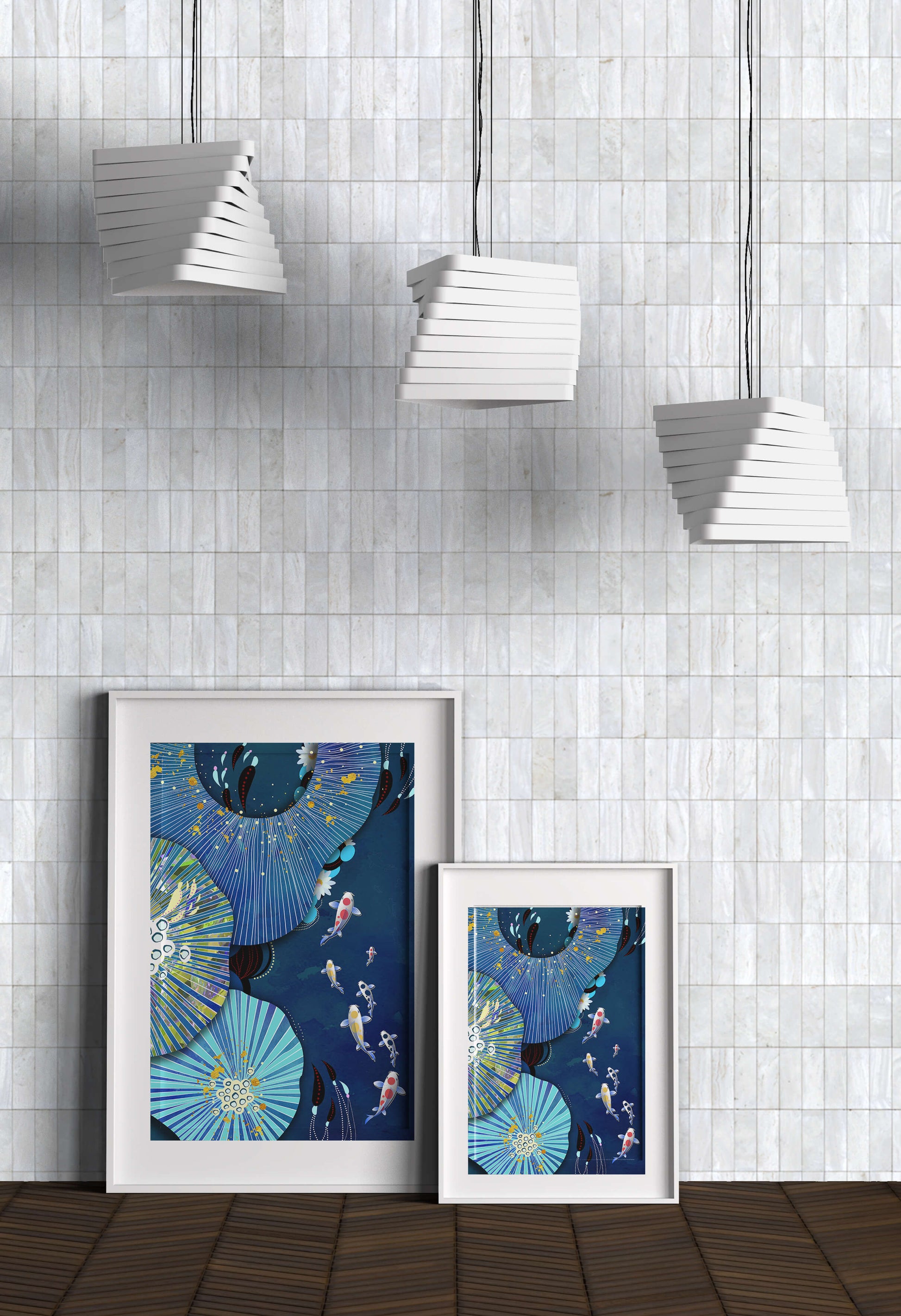 Vibrant underwater scene with koi fish and abstract floral design