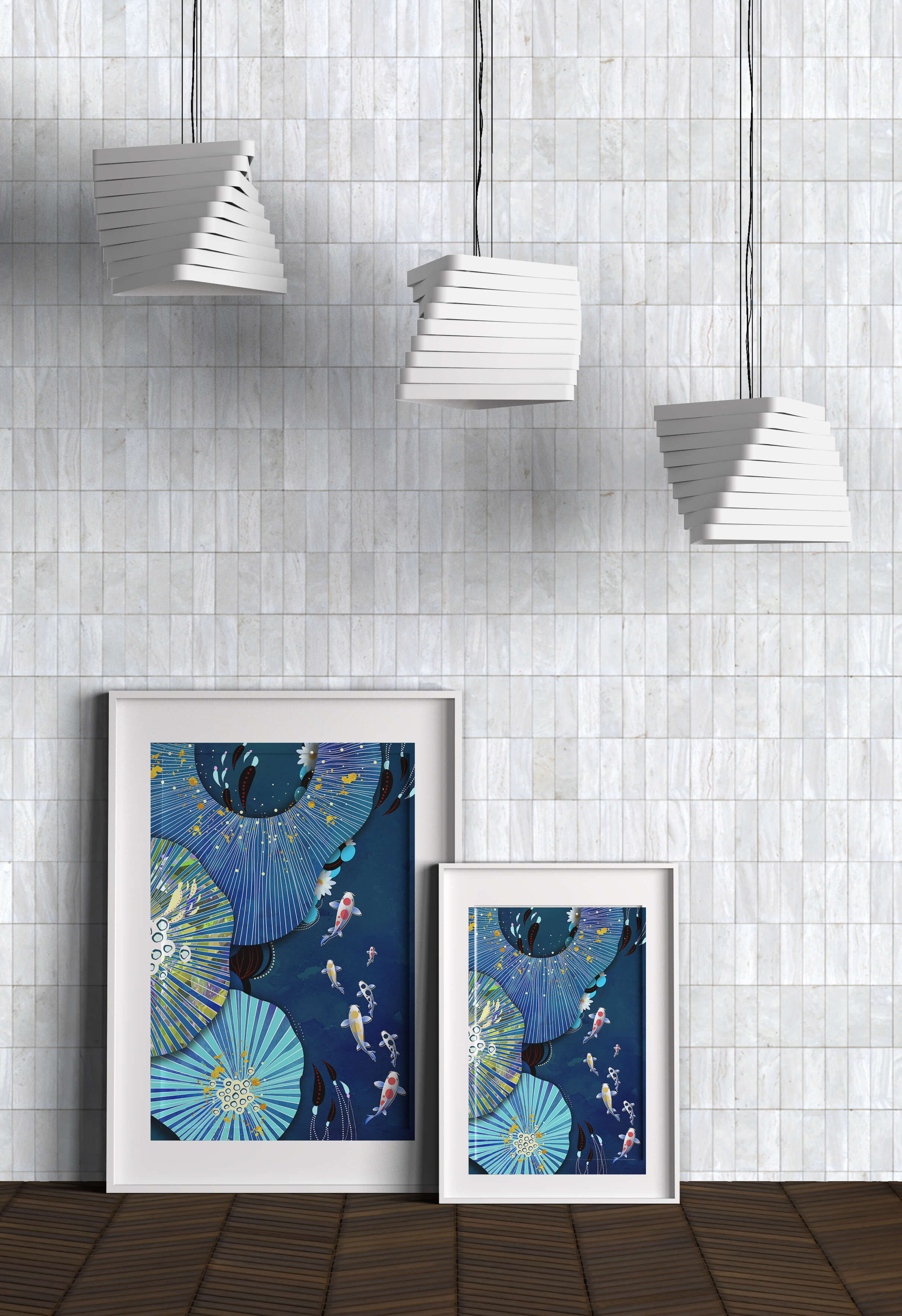 Vibrant underwater scene with koi fish and abstract floral design