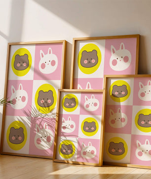 Diseño de patrones de animales juguetones con caras de osos y conejos en colores pastel