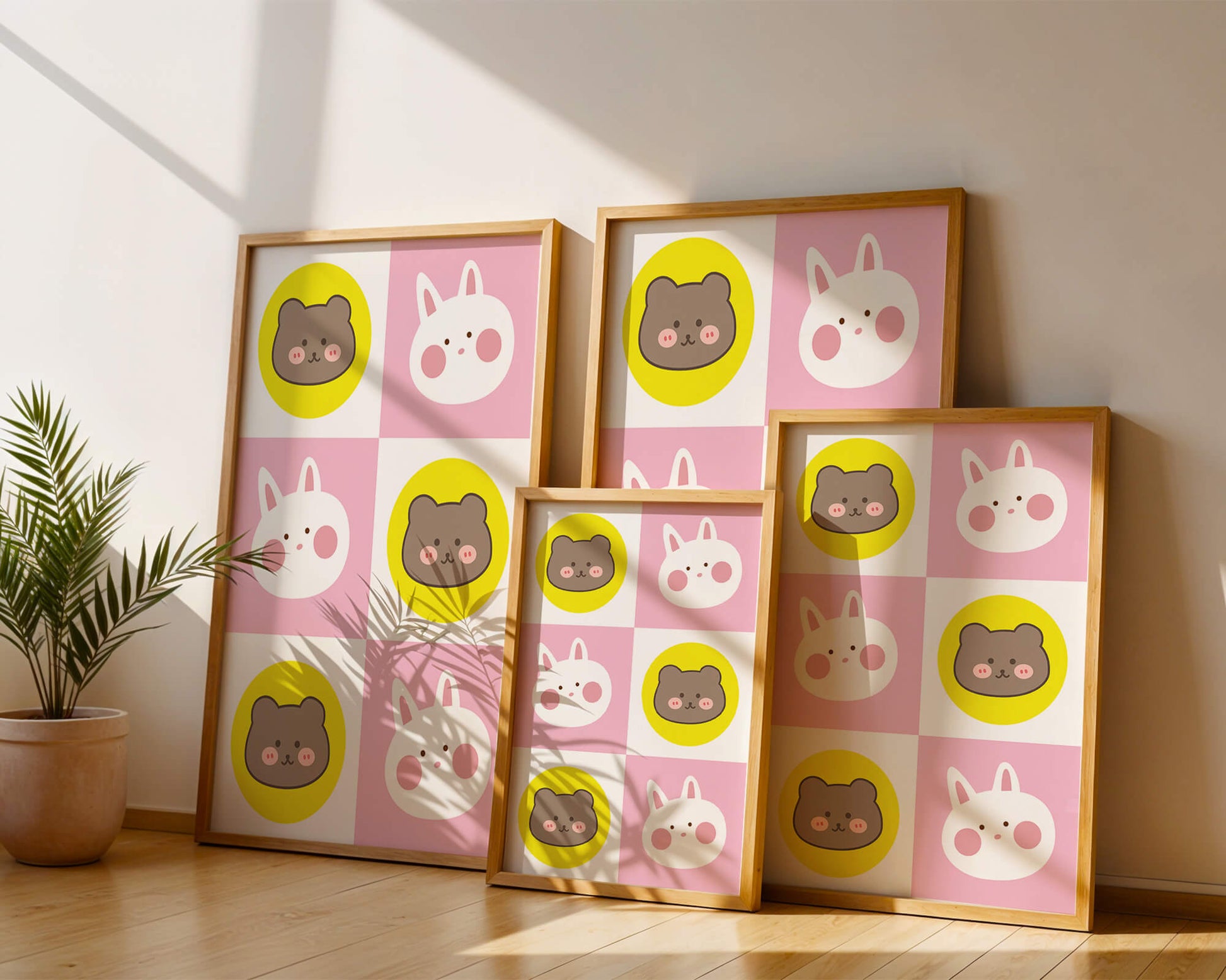 Diseño de patrones de animales juguetones con caras de osos y conejos en colores pastel