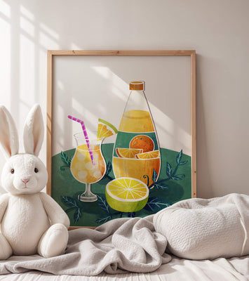 Colorful illustration of citrus drinks with bottle and glass