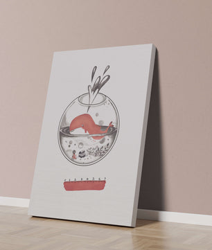 Ilustración de una ballena dentro de una pecera con una regla rosa