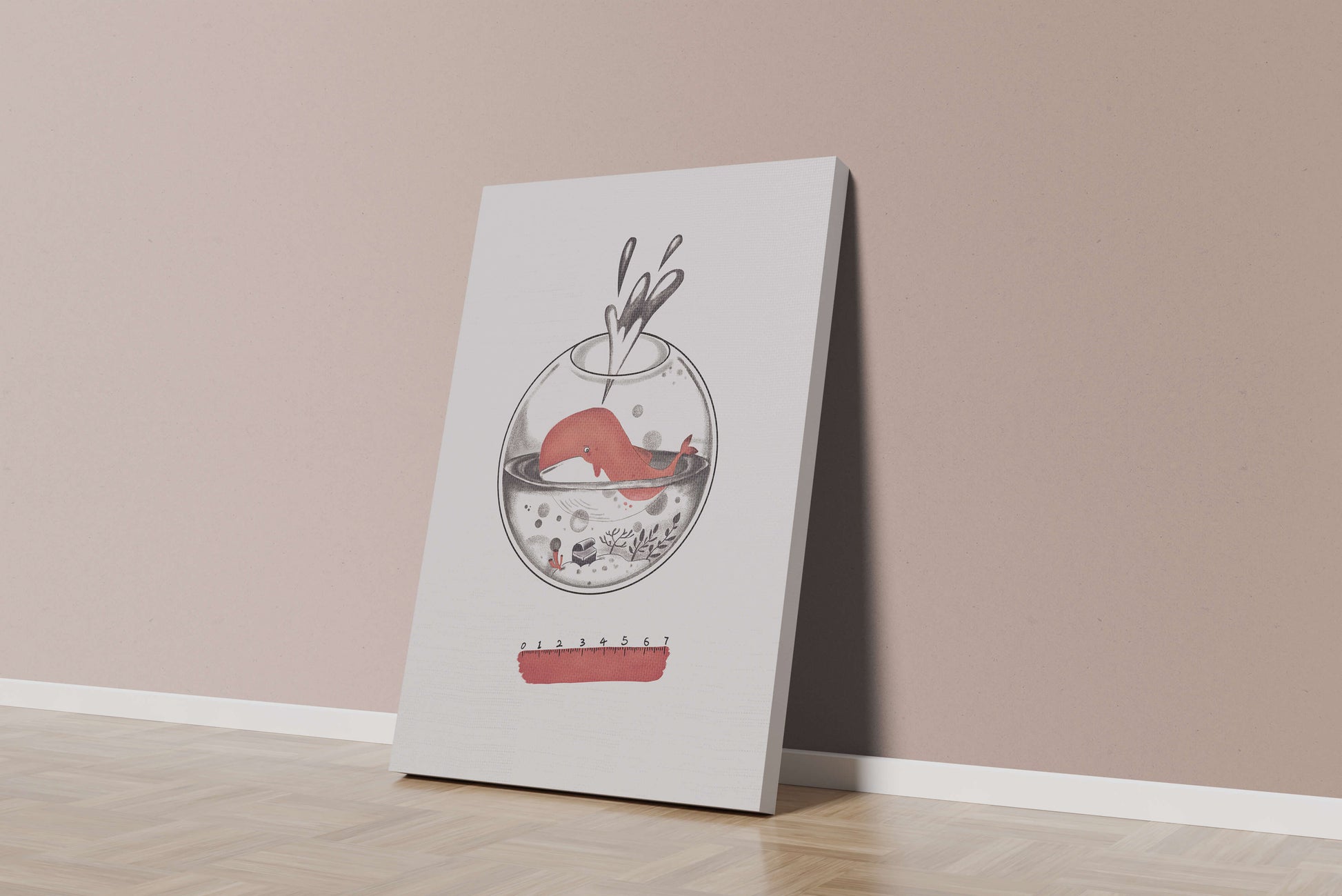 Illustration of a whale inside a fishbowl with a pink ruler
