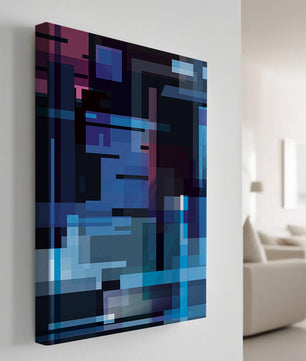 Arte digital geométrico abstracto con tonos azules y morados