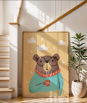 Illustration of a bear with glasses holding a tea cup against a starry background