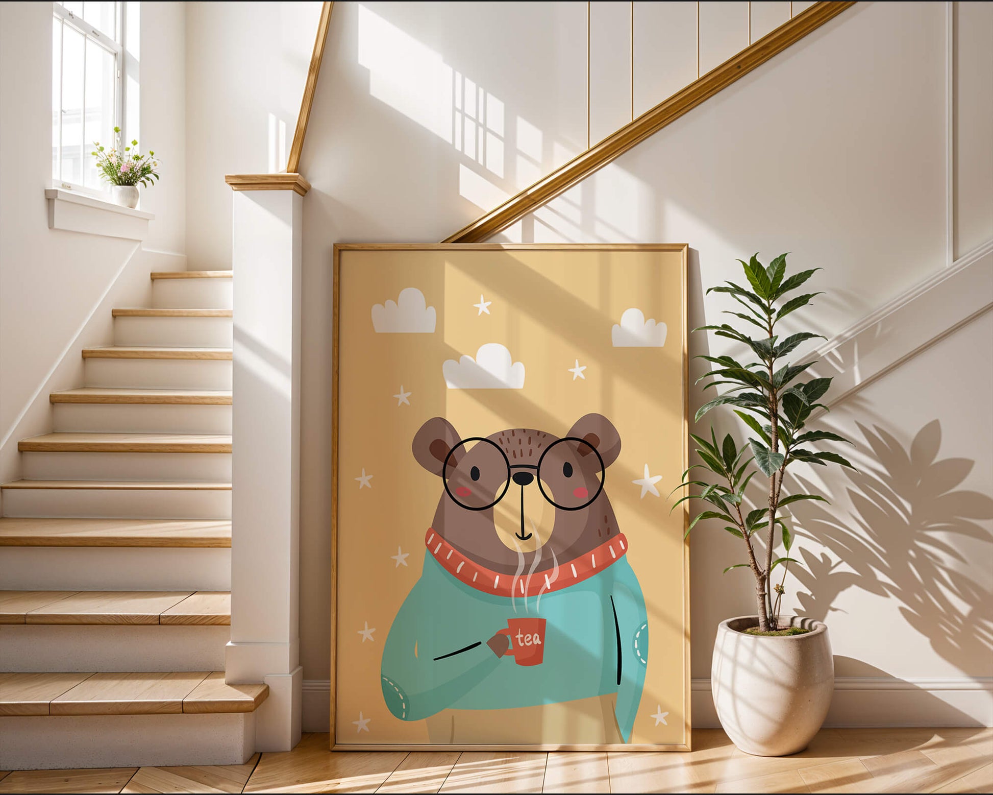 Illustration of a bear with glasses holding a tea cup against a starry background