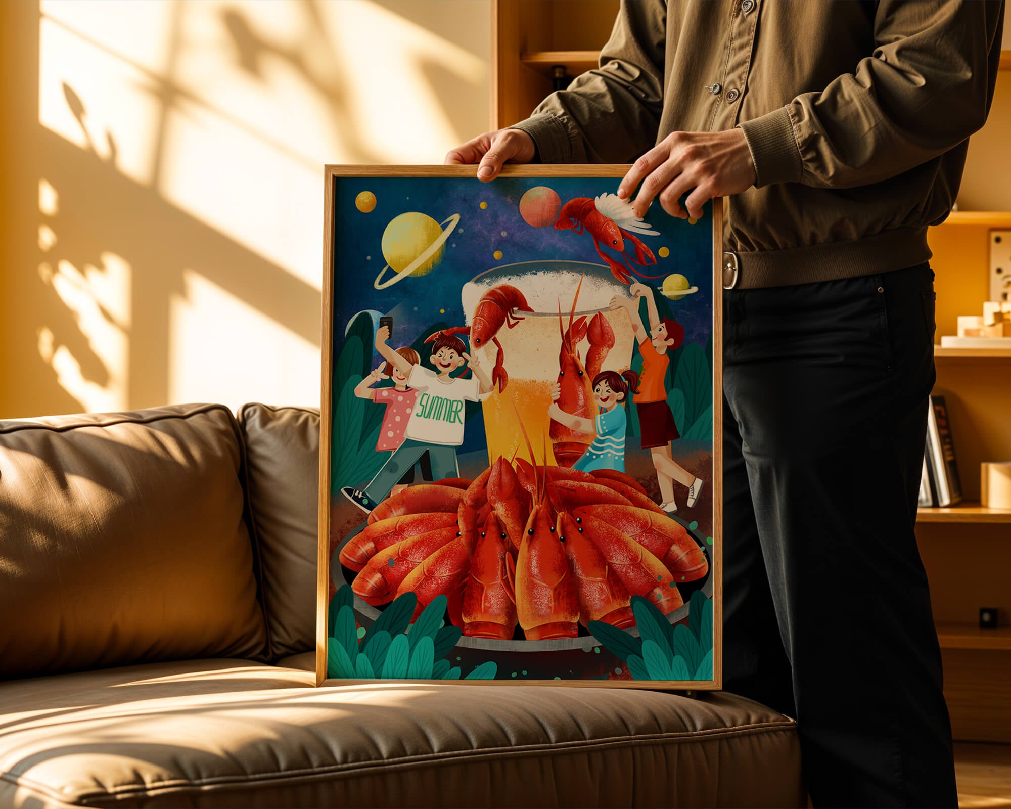 Fantasy illustration with cosmic lobsters and friends enjoying a summer feast