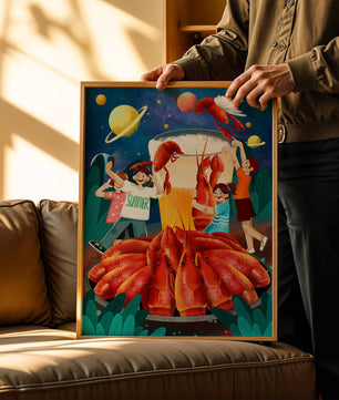 Ilustración de fantasía con langostas cósmicas y amigos disfrutando de un banquete de verano