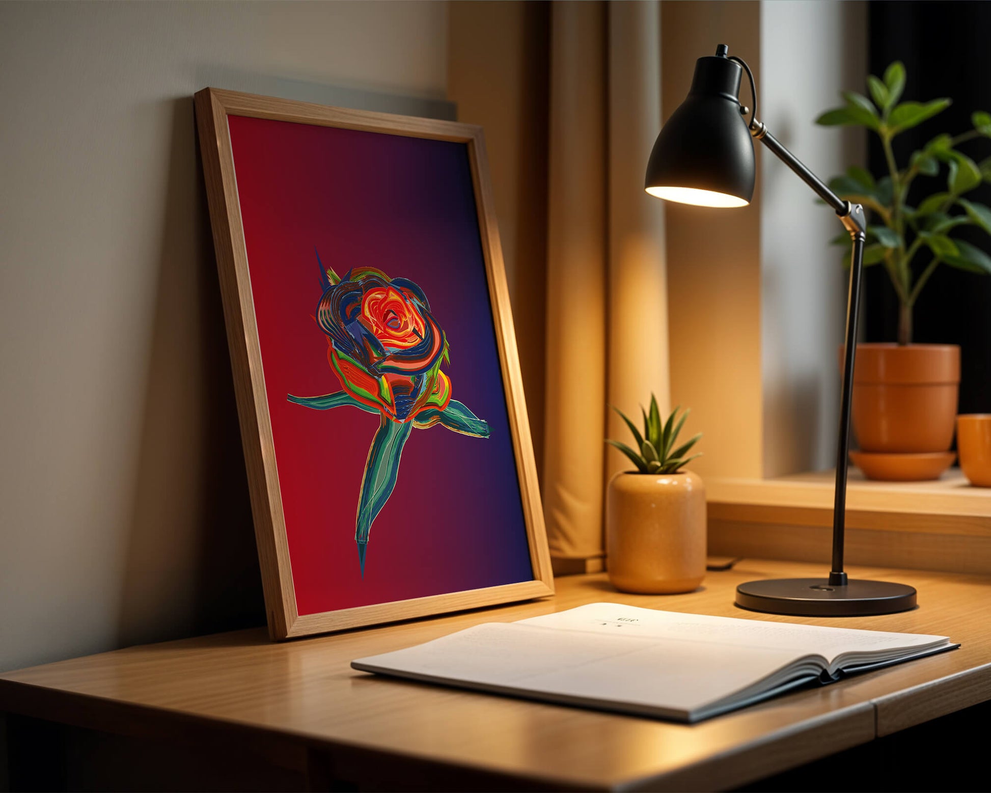 Rosa abstracta vibrante con colores dinámicos sobre fondo degradado