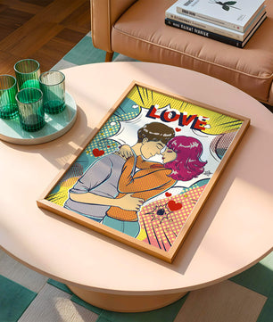 Ilustración de pop art romántico con pareja abrazándose y texto de amor