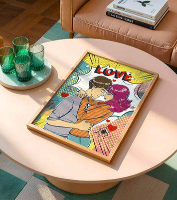 Romantic Pop Art Illustration with Embracing Couple and Love Text