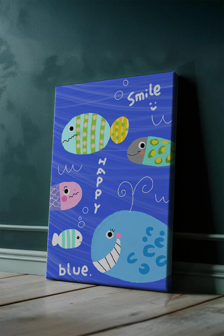 Colorful underwater scene with smiling cartoon fish