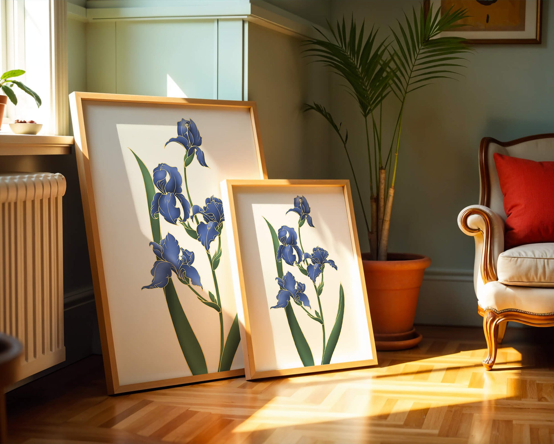Flores de lirio azul elegantes con acentos dorados sobre un fondo blanco