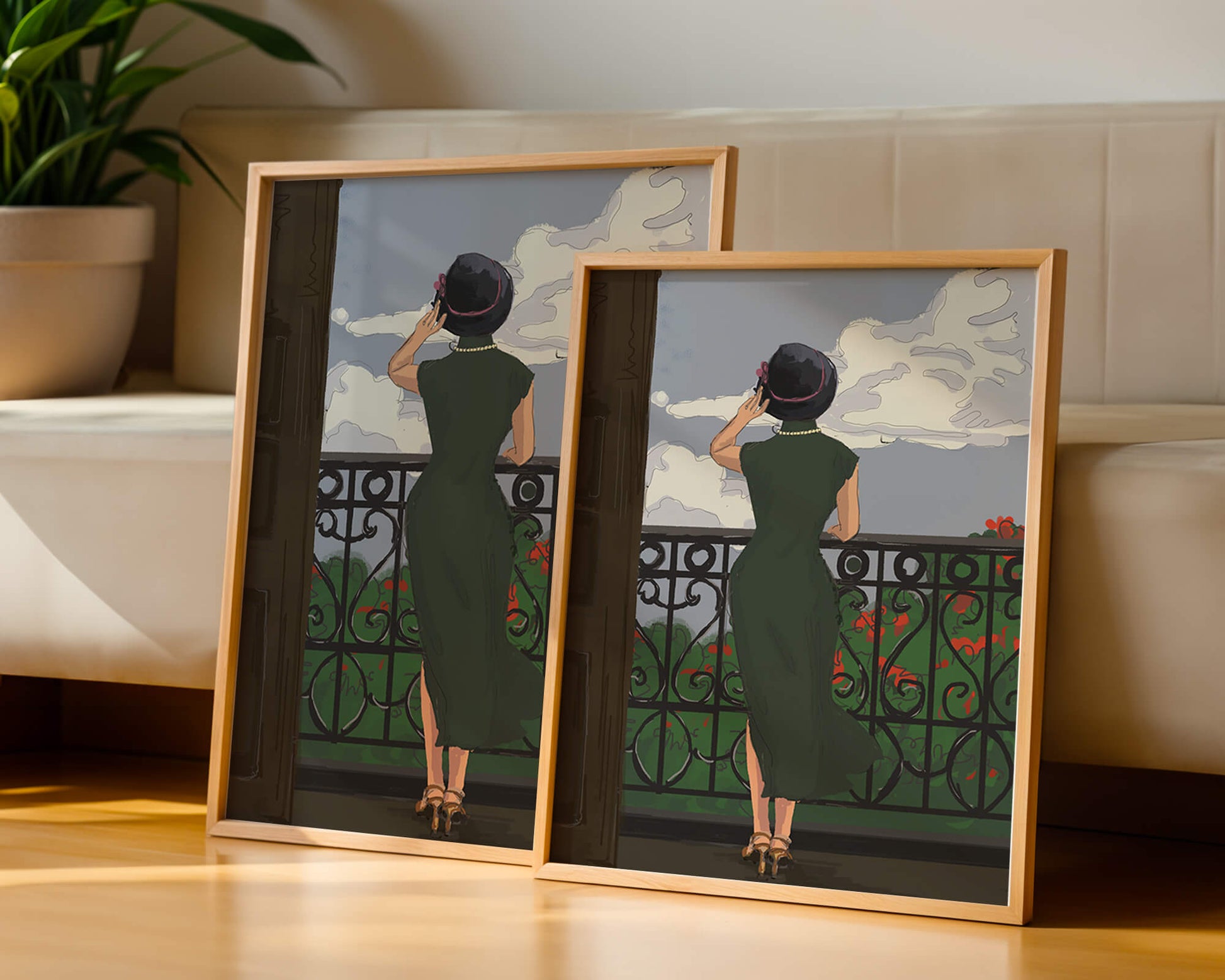 Mujer elegante en un balcón con vista pintoresca y flores rojas