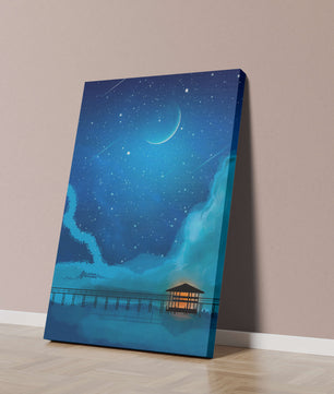 Serene Night Sky with Crescent Moon, Stars, and Pier Over Water