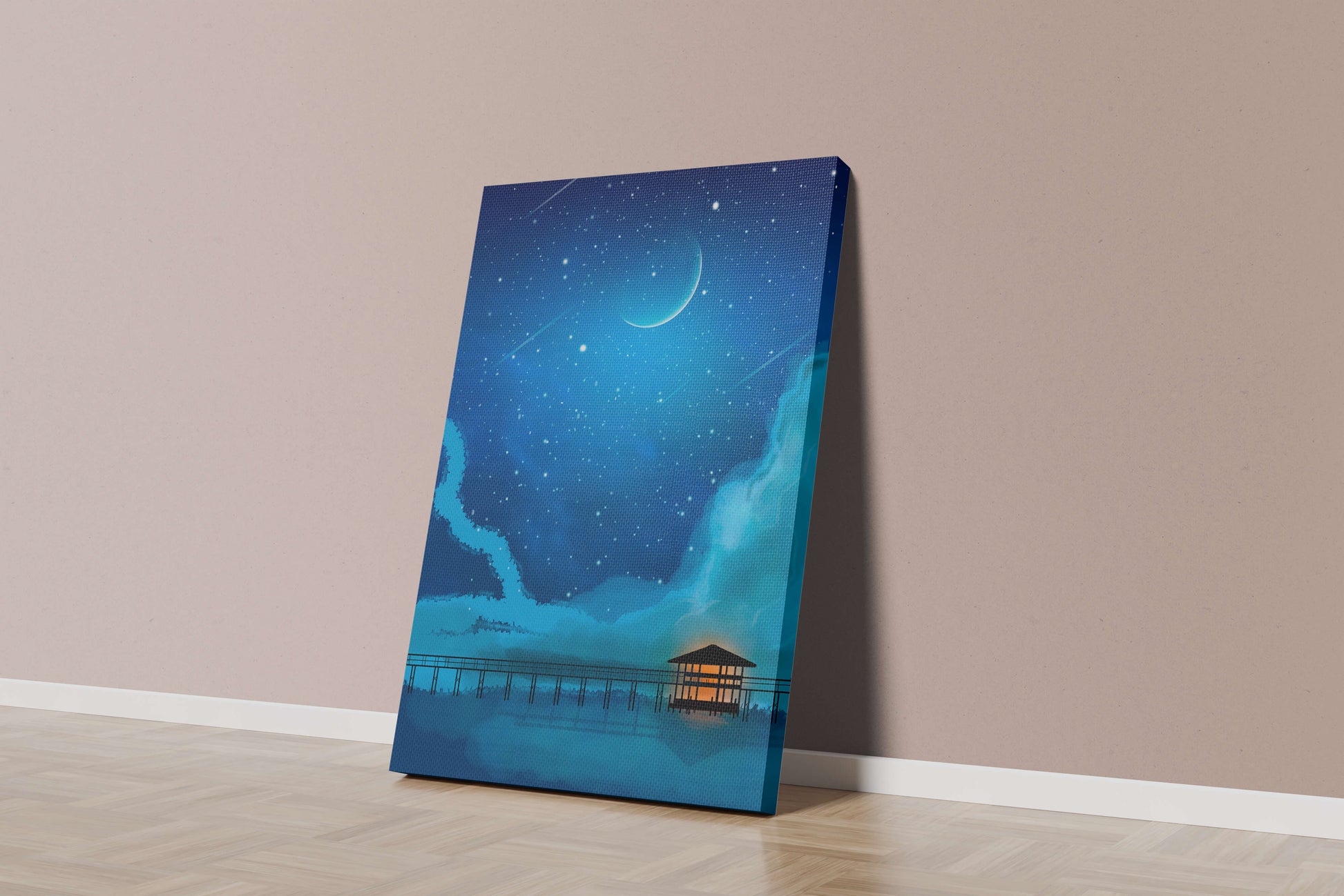 Serene Night Sky with Crescent Moon, Stars, and Pier Over Water
