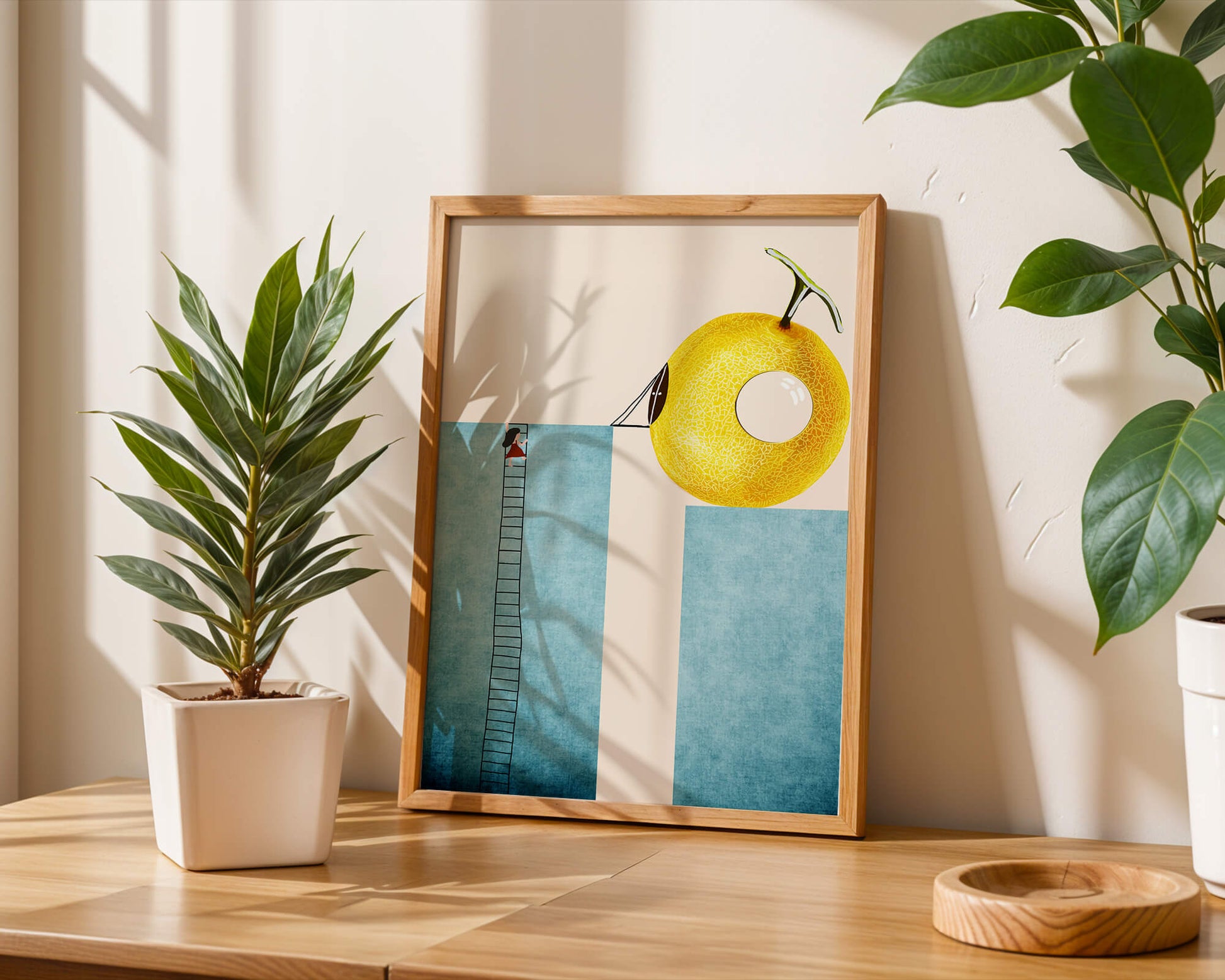 Woman Climbing Ladder towards Giant Yellow Fruit