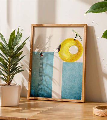 Woman Climbing Ladder towards Giant Yellow Fruit