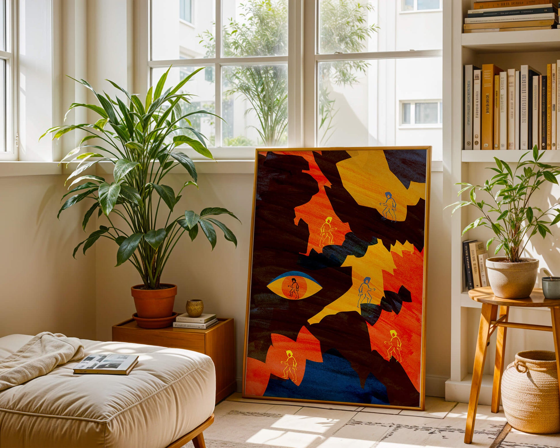 Abstract colorful artwork with eye and silhouettes