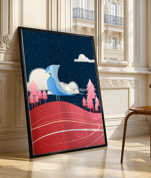 Colorful Night Scene with Blue Bird Under Starry Sky - Mi tienda