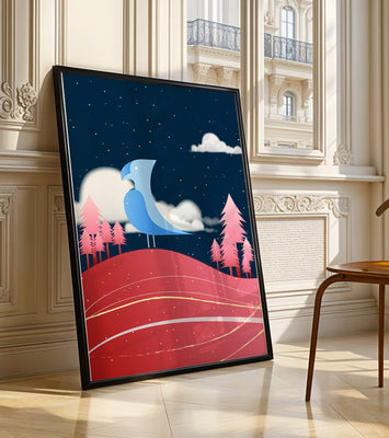 Colorful Night Scene with Blue Bird Under Starry Sky
