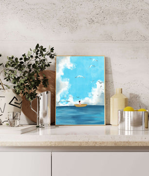 Peaceful seascape illustration with a boat and birds